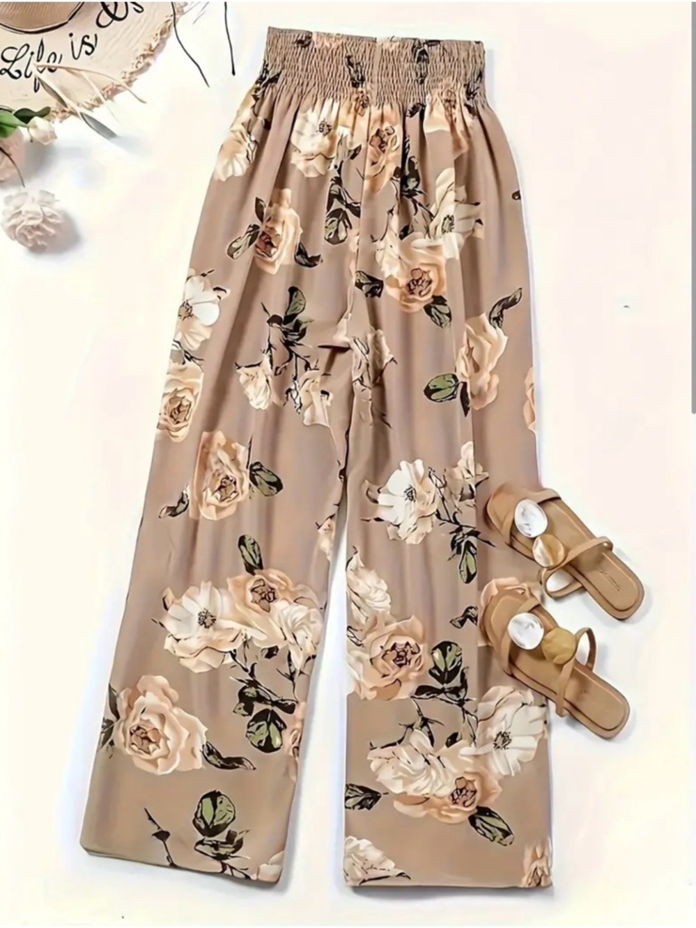 Floral Wide-Leg Smocked Waist Pants - Taupe Floral